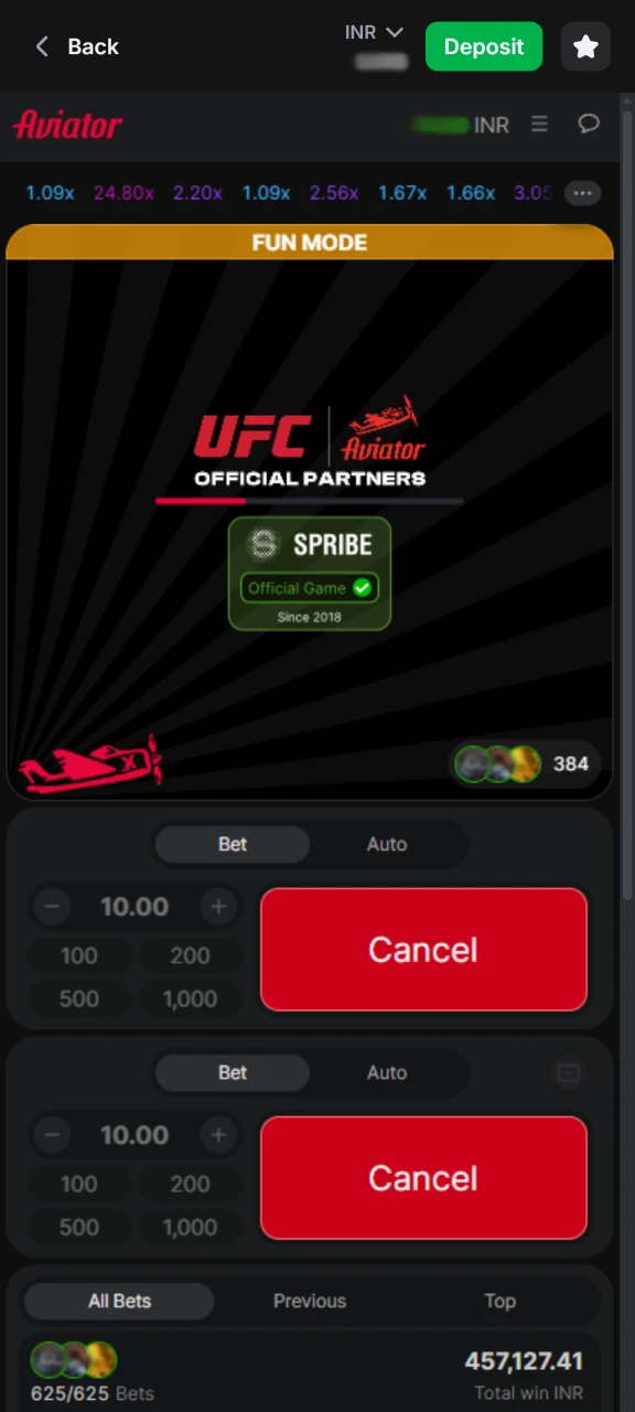 Demo mode of the Aviator game.