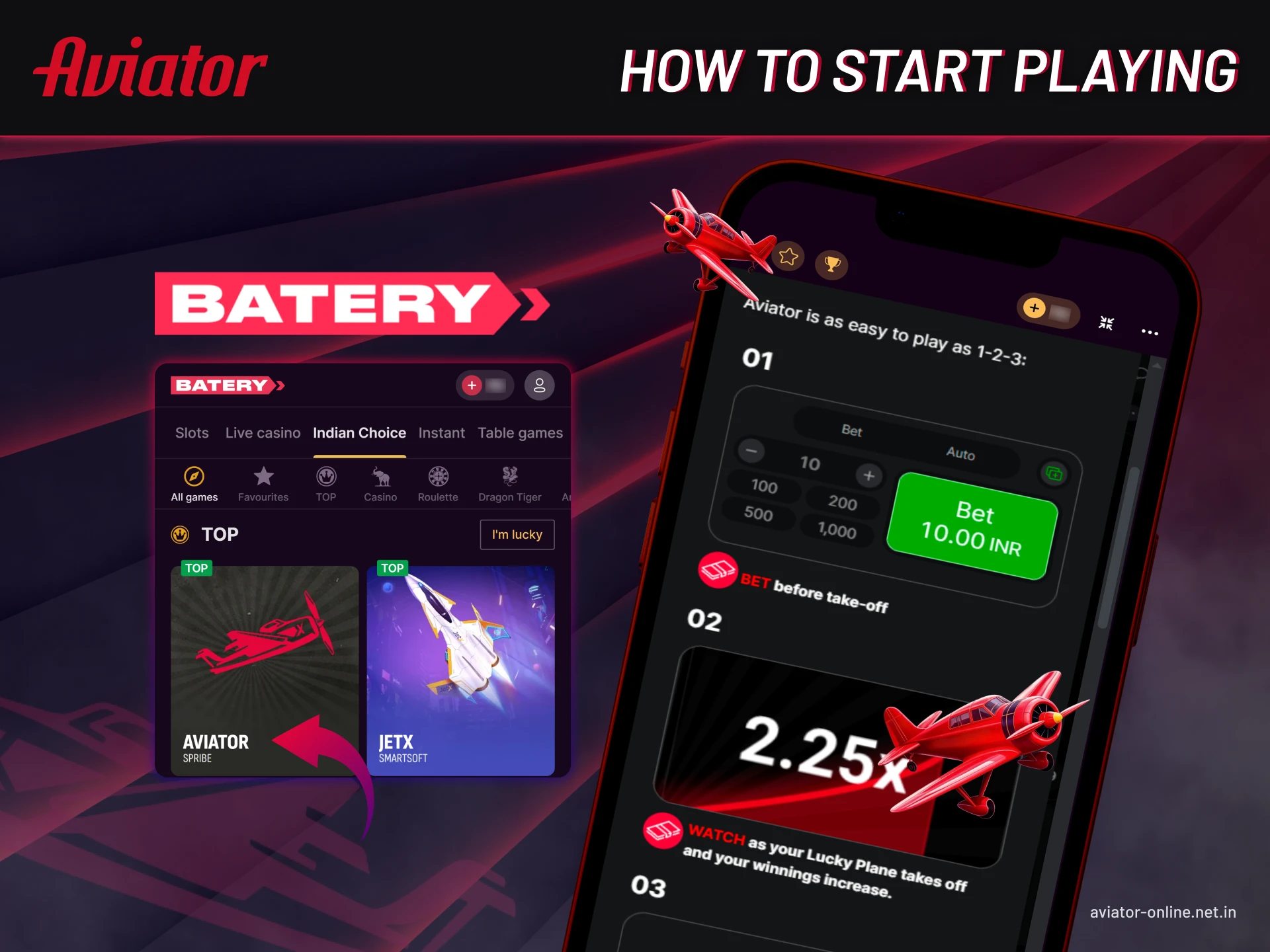 A few steps to get started playing Aviator on Batery.