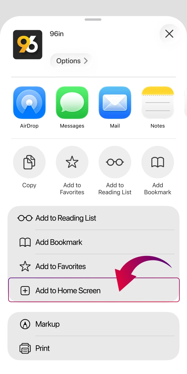 Adding 96In Aviator shortcut to iPhone home screen for quick access.