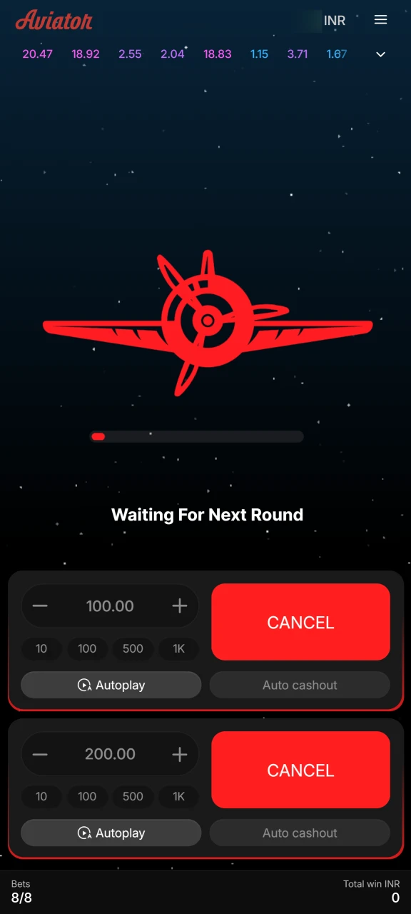Aviator game on 1xBet app showing waiting period before new round begins.