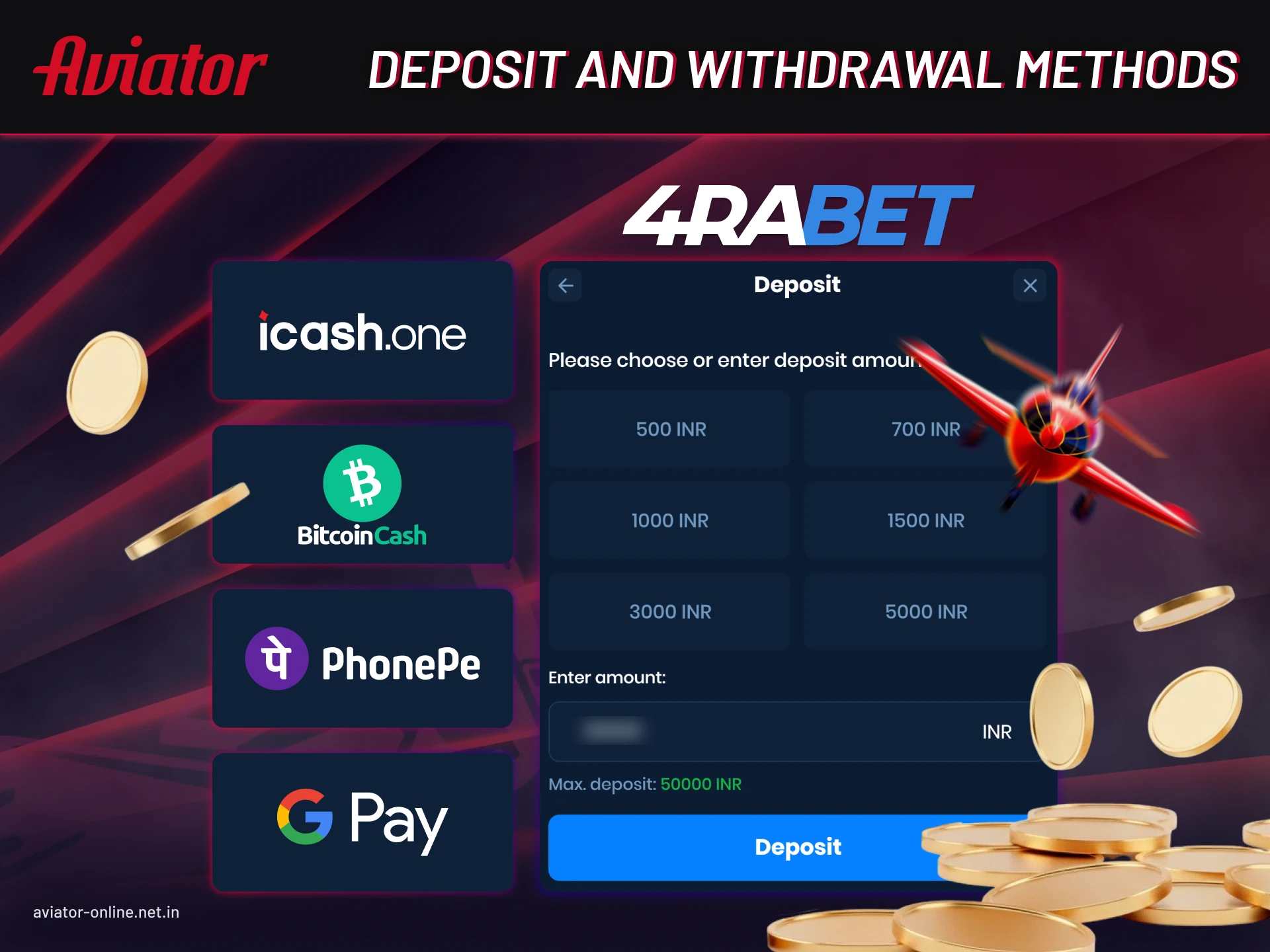 Deposit and withdrawal methods in 4rabet Aviator app for Indian players.