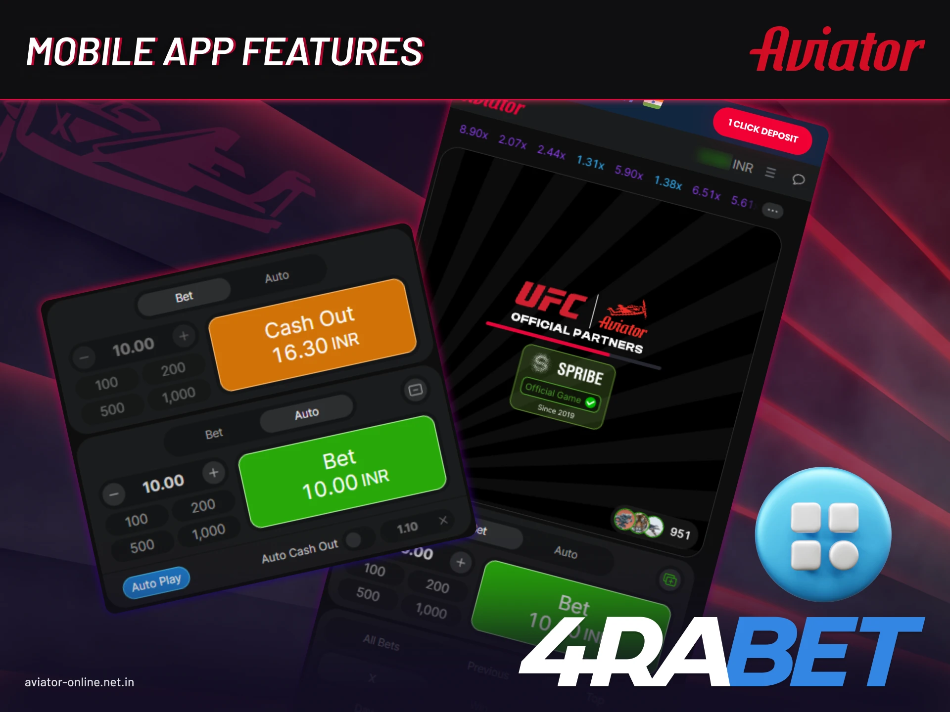 Main features of 4rabet mobile app for Aviator game and online betting.