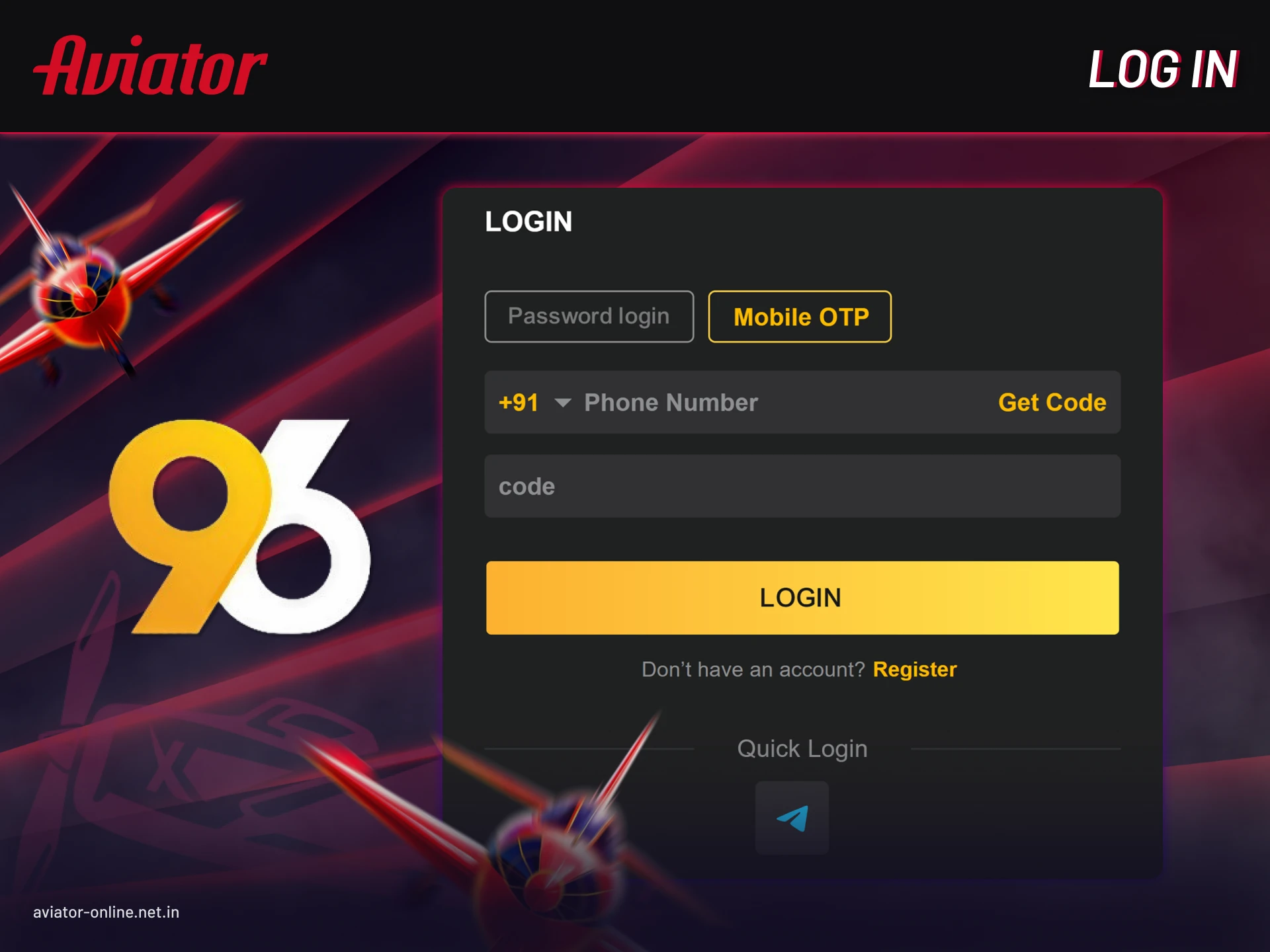 Logging into 96in Aviator app to access your gaming account.