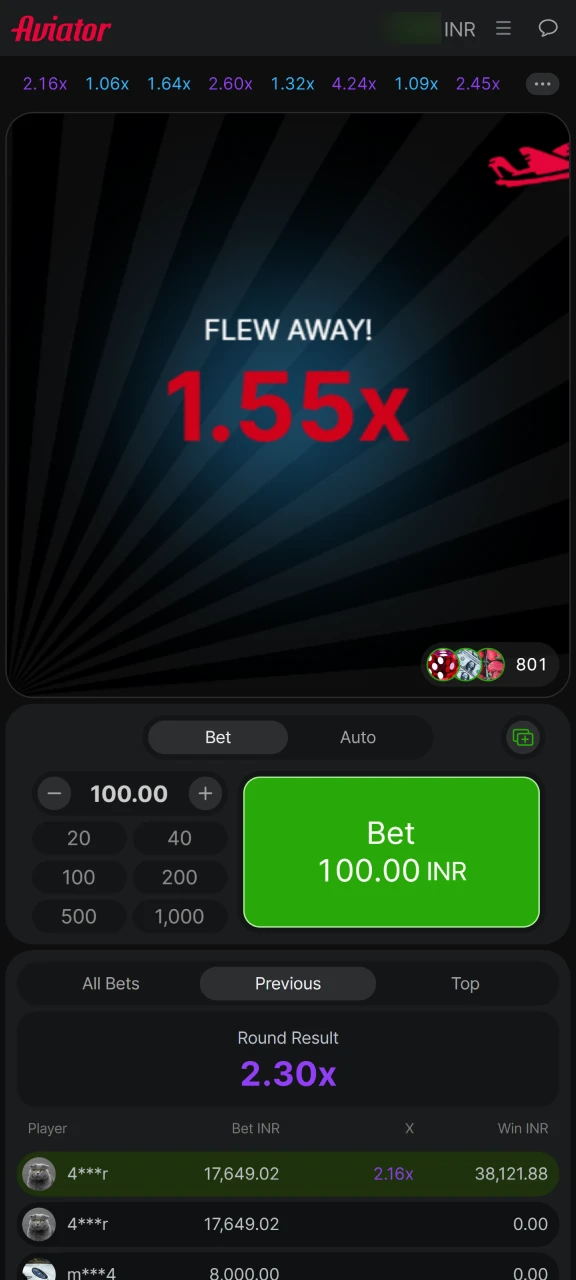 End of a round in Indibet Aviator mobile app with plane flying away.