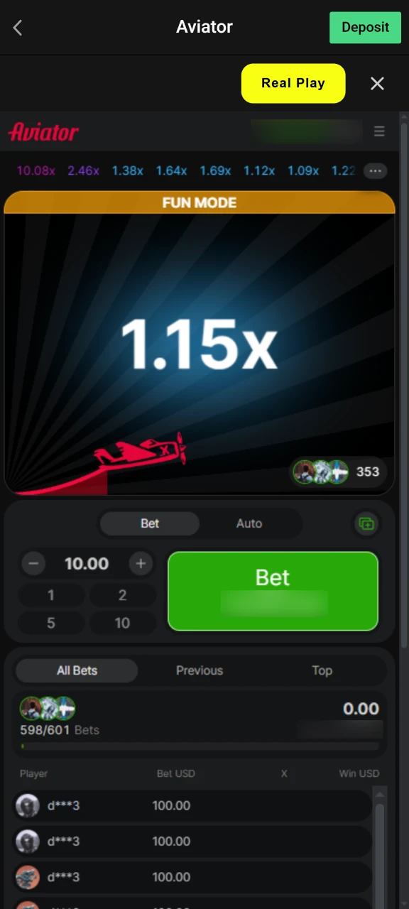 Demo mode in Parimatch Aviator app allowing users to play without real money.