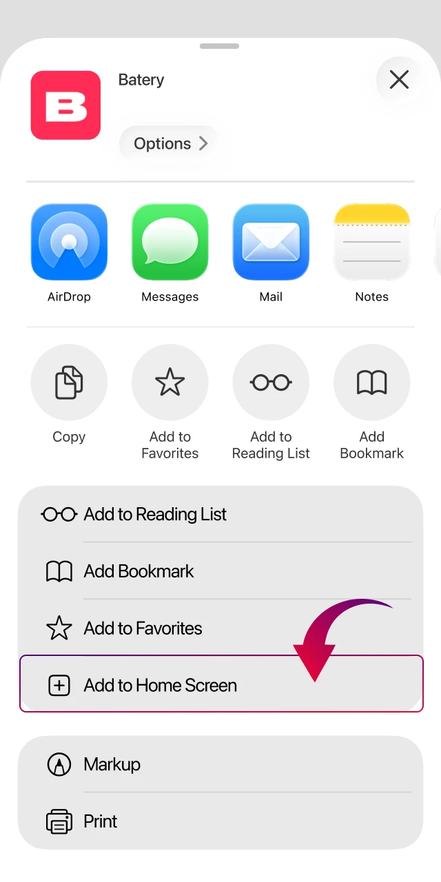 Add Batery Aviator to iPhone or iPad home screen via Safari options.