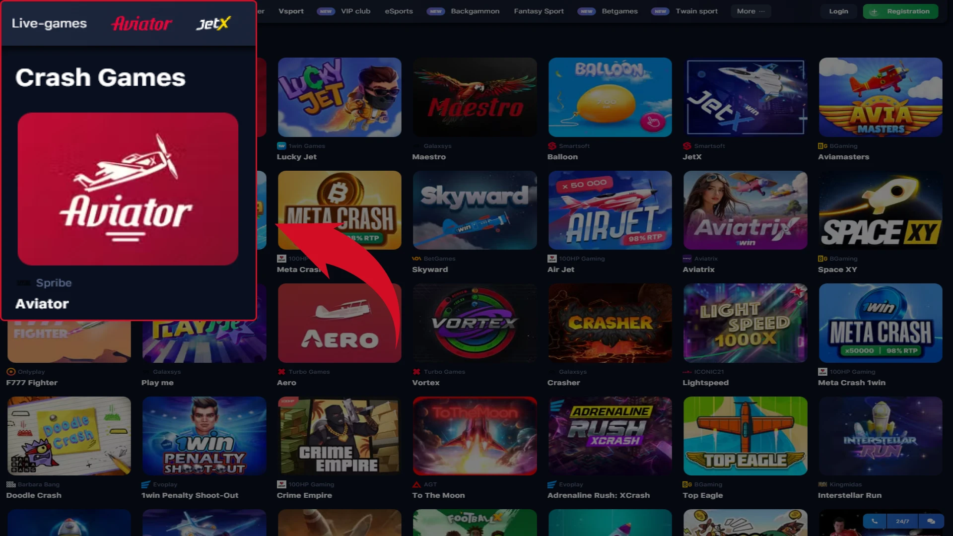 Find Aviator and choose demo mode.
