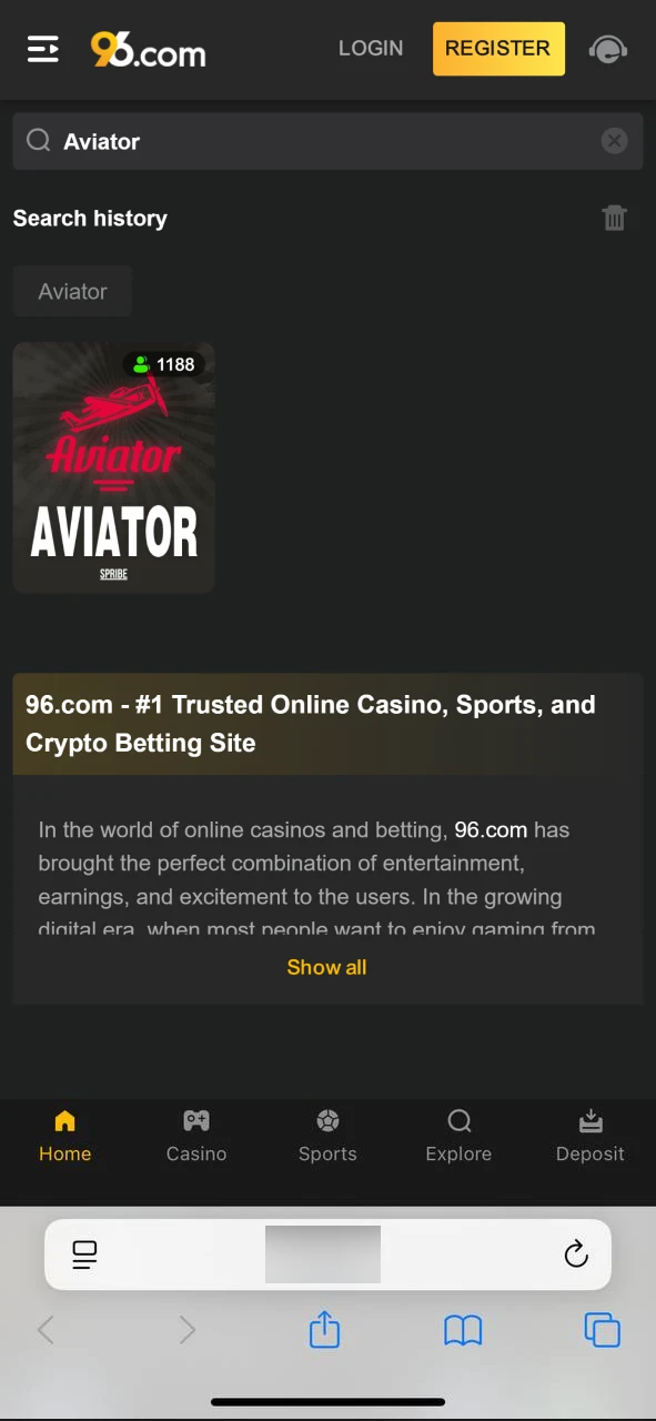 Finding 96In Aviator game via search bar on iOS device.