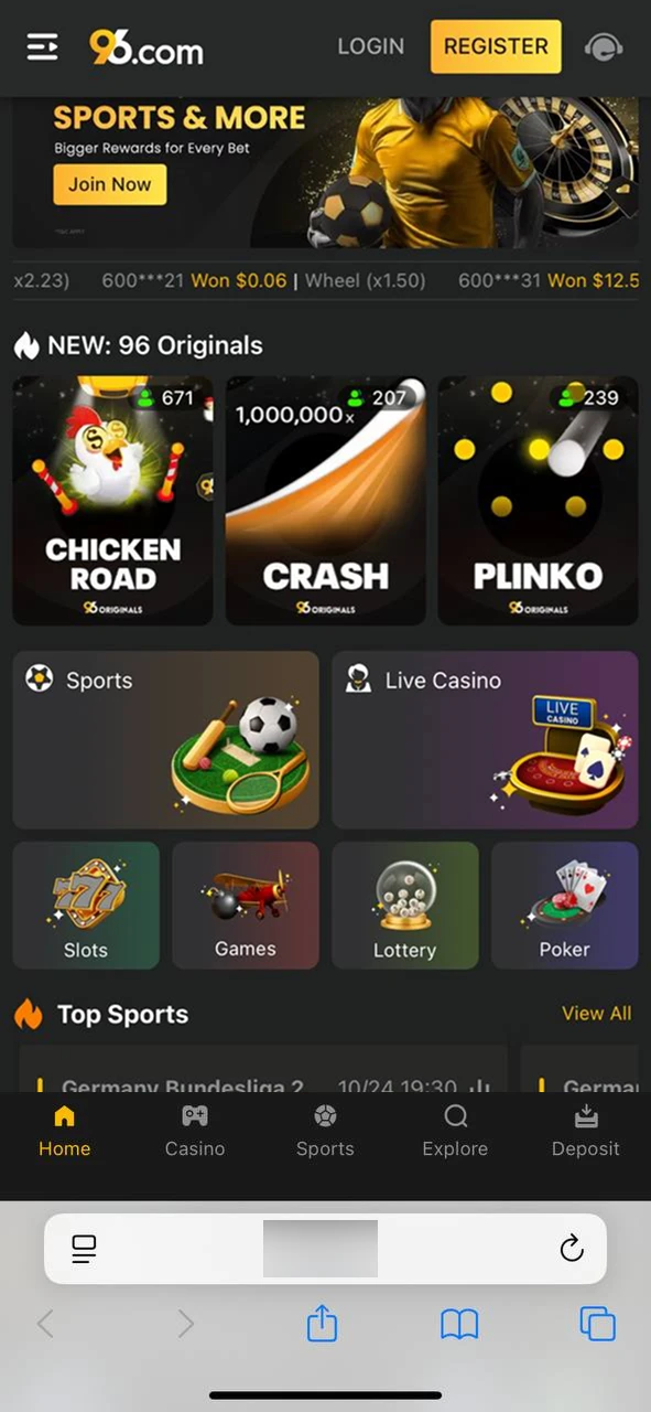 Navigating to the 96In site on iOS to find Aviator game.