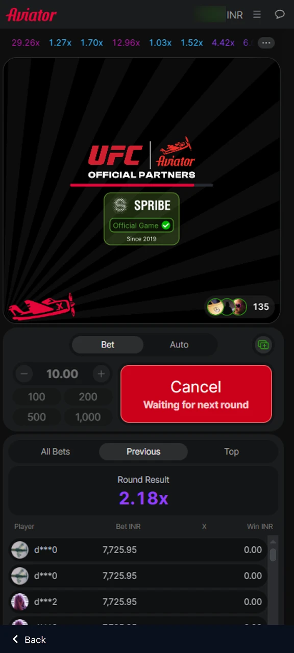 1win Aviator app screenshot showing waiting for the next round.