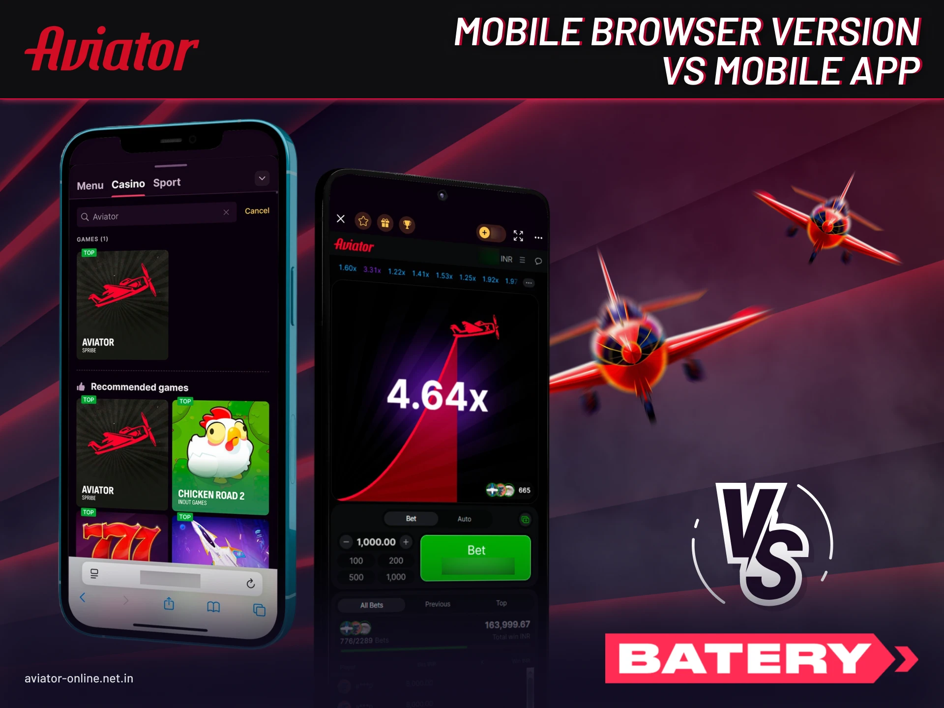 Differences between Batery Aviator mobile app and browser gameplay.