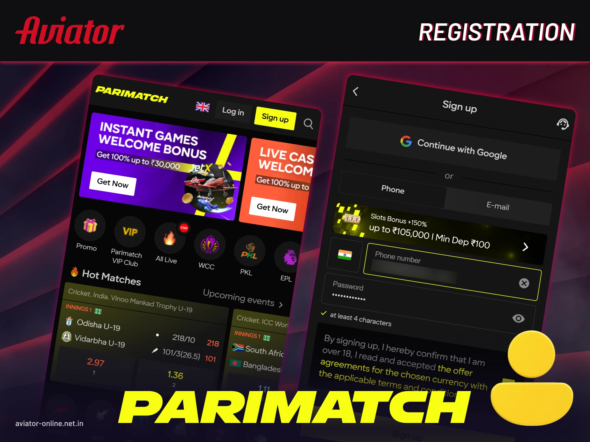 Step-by-step registration process inside Parimatch mobile app for Android and iOS.