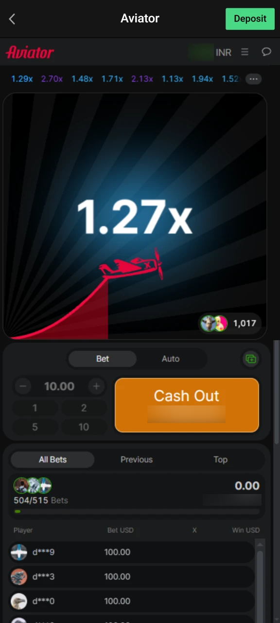Parimatch Aviator app screenshot showing player cashing out during a round on mobile.