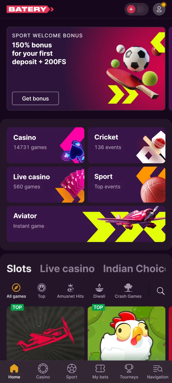 Open Batery Aviator official website on Android and navigate to Applications page.