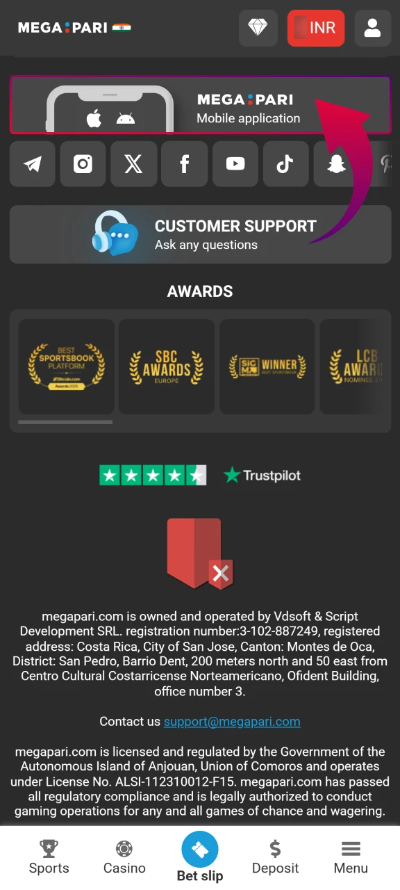 Locate Megapari Android app section on mobile site and start APK download.